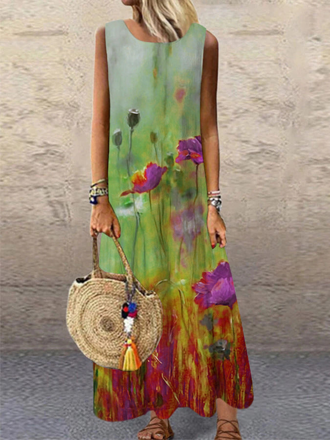 Crew Neck Geometric Line Print Sleeveless Maxi Dress 2