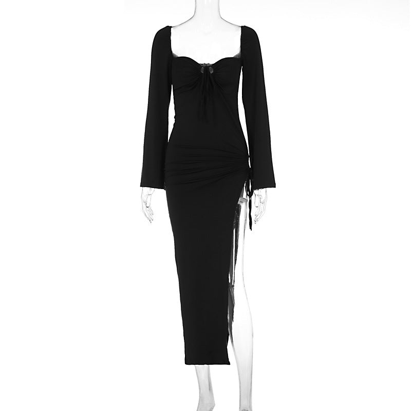 Sweetheart Keyhole Tie Long Sleeve Hip Cutout Slit Maxi Dress 4