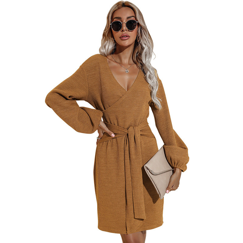 V Neck Wrap Front Lantern Sleeve Knit Mini Dress With Self Tie Belt 4