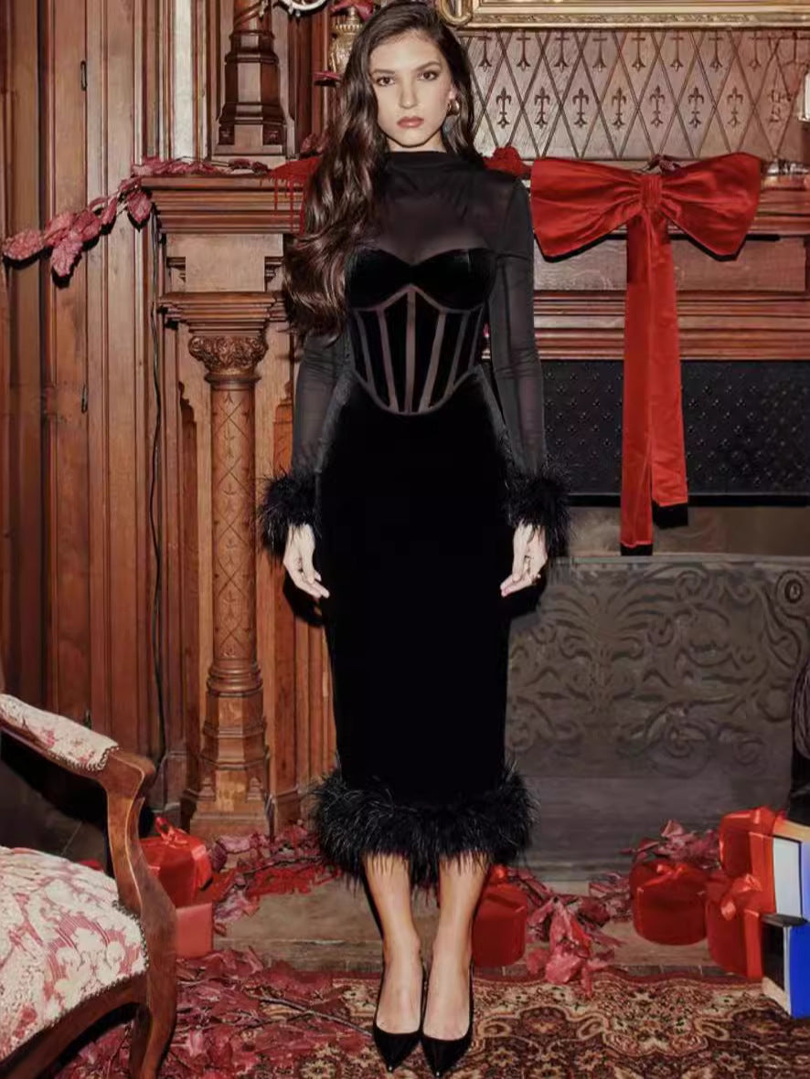 Mock Neck Mesh Corset Feather Trim Velvet Midi Dress