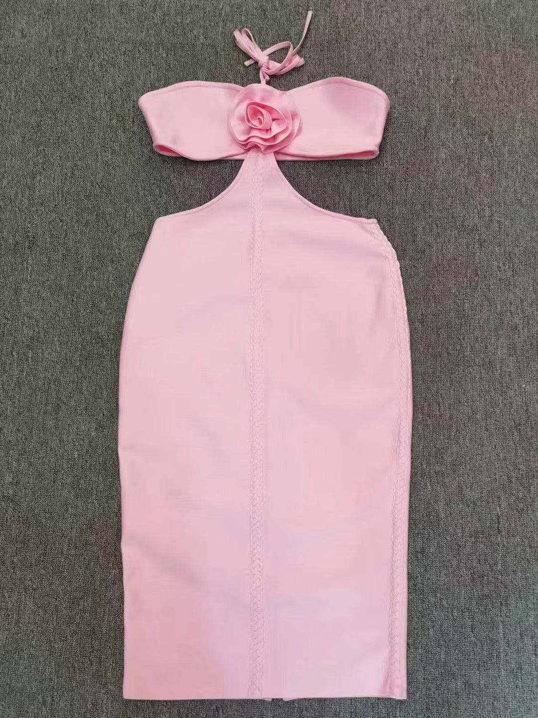 Halter Neck 3D Floral Applique Waist Cutout Bandage Bodycon Midi Dress 6