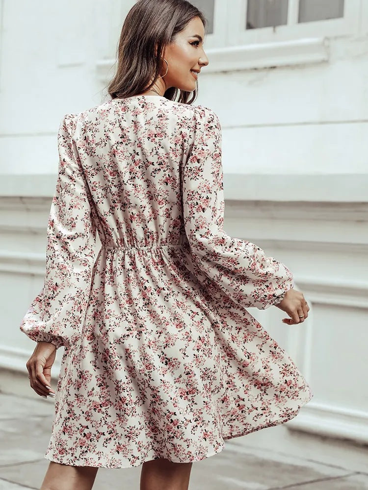 Wrap V-Neck Balloon Sleeve Elastic Waist Floral A-Line Mini Dress 2