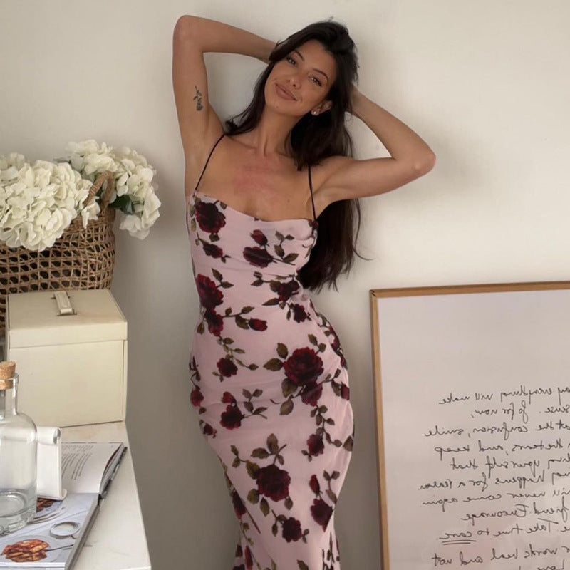 Floral Print Cowl Neck Spaghetti Strap Side Ruched Backless Maxi Dress