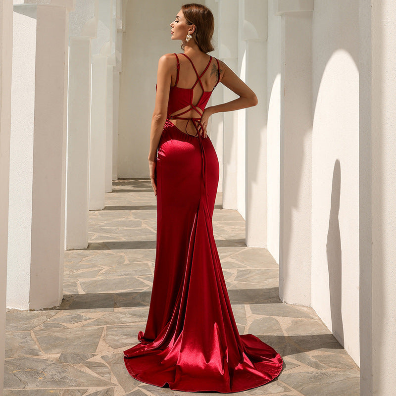 Plunging V Neck Spaghetti Strap Mermaid Flare Floor Length Gown 6