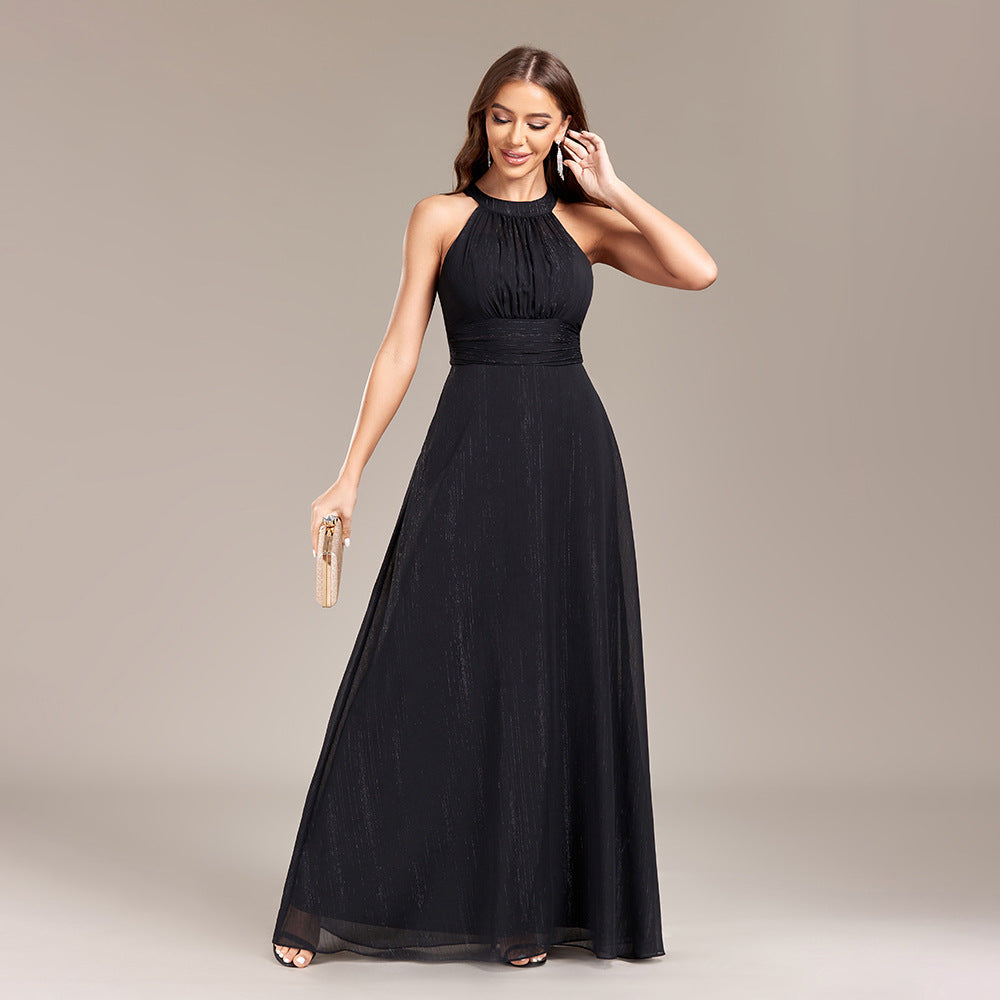 Halter Neck Pleated Bodice High Waist A-Line Floor Length Gown 6