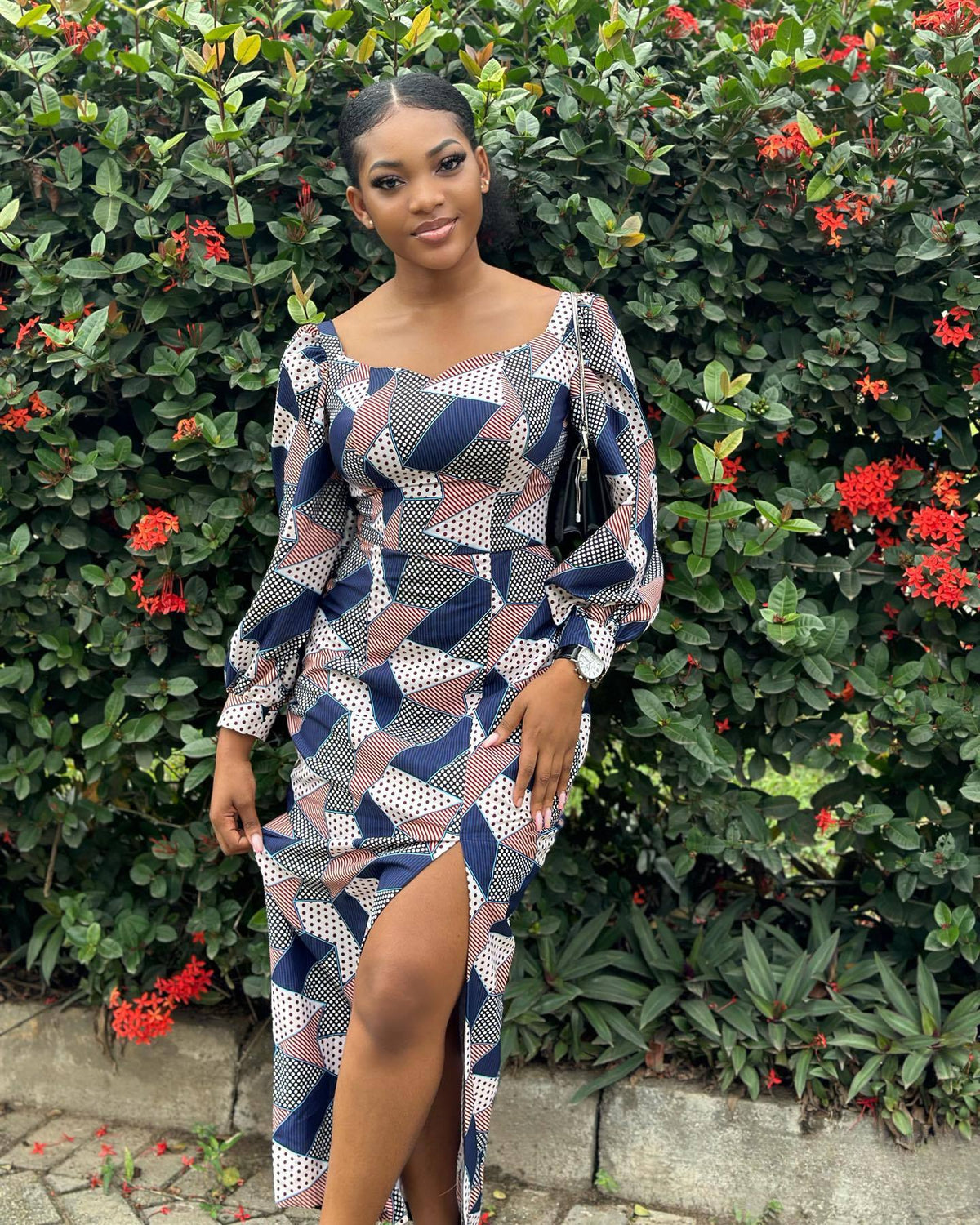 Square Neck Puff Sleeve Geometric Polka Dot Print High Slit Midi Dress 4