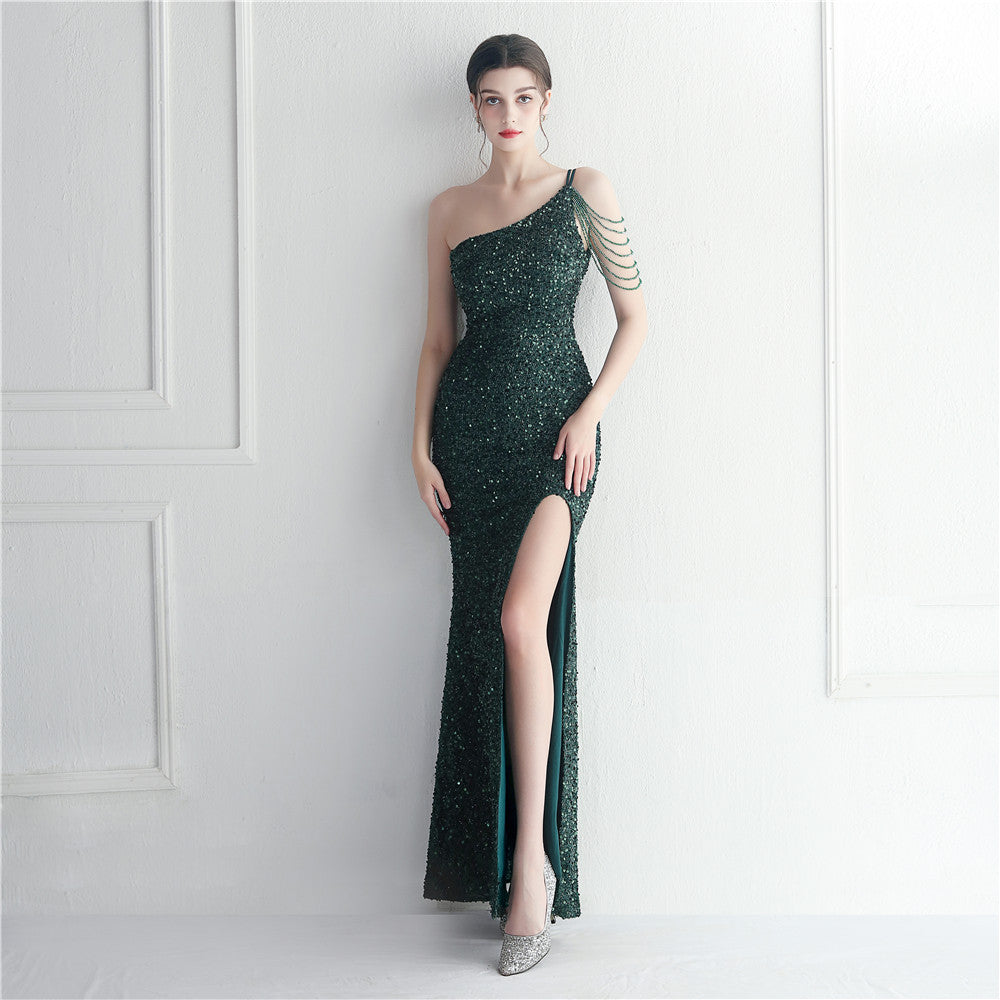 One-Shoulder Chain Tassel Sequin Embellished High Slit Column Maxi Gown 5