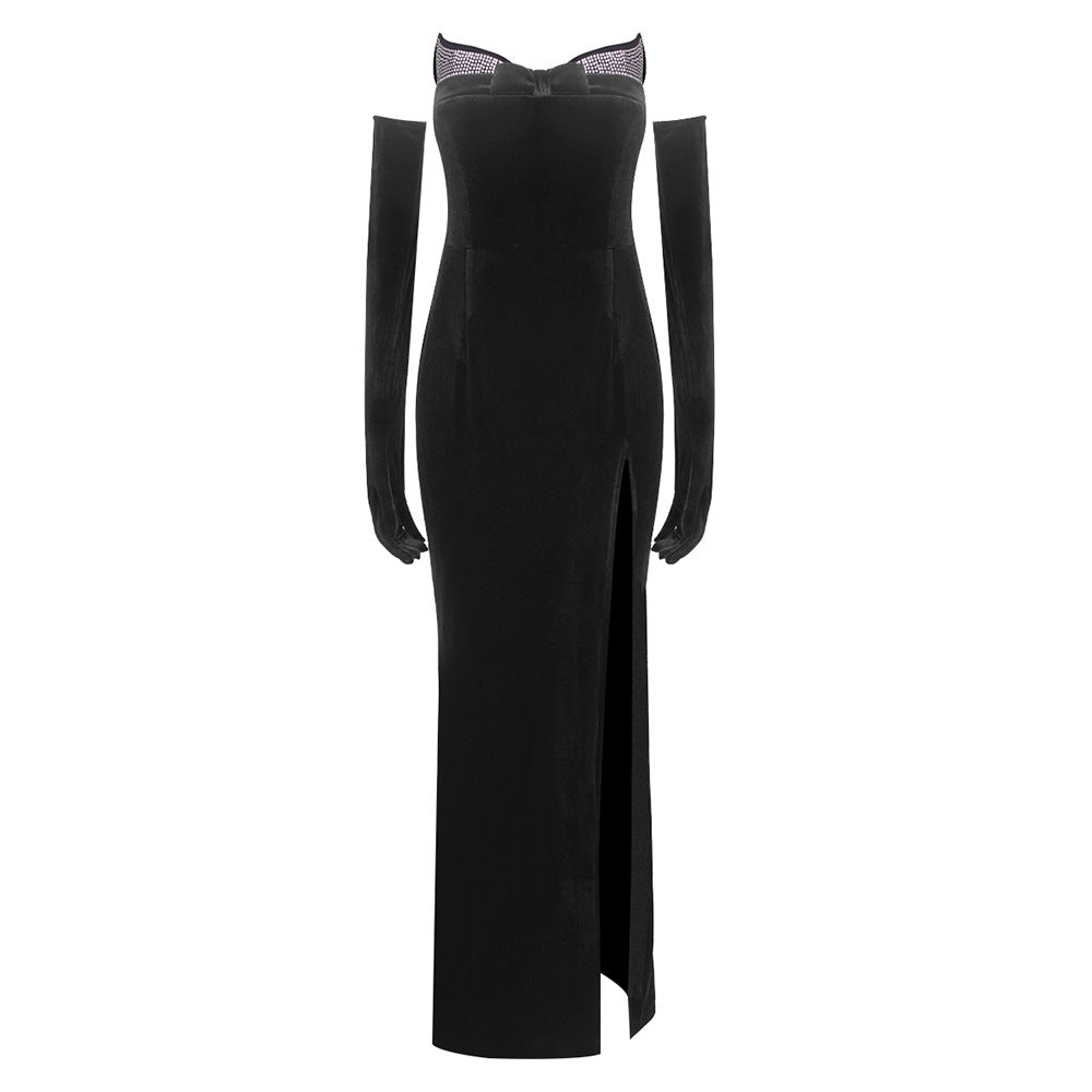Strapless Rhinestone Neck Velvet Gown with Draped Satin Overskirt 2