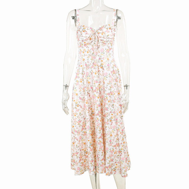 Floral Bustier Lace-Up Cami Strap Flared Midi Dress 9