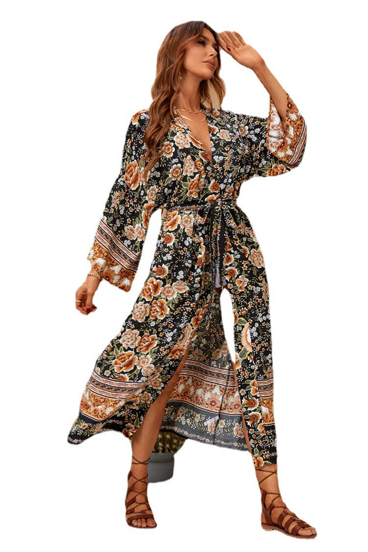 Surplice Wrap Floral Print Satin Midi Dress 4