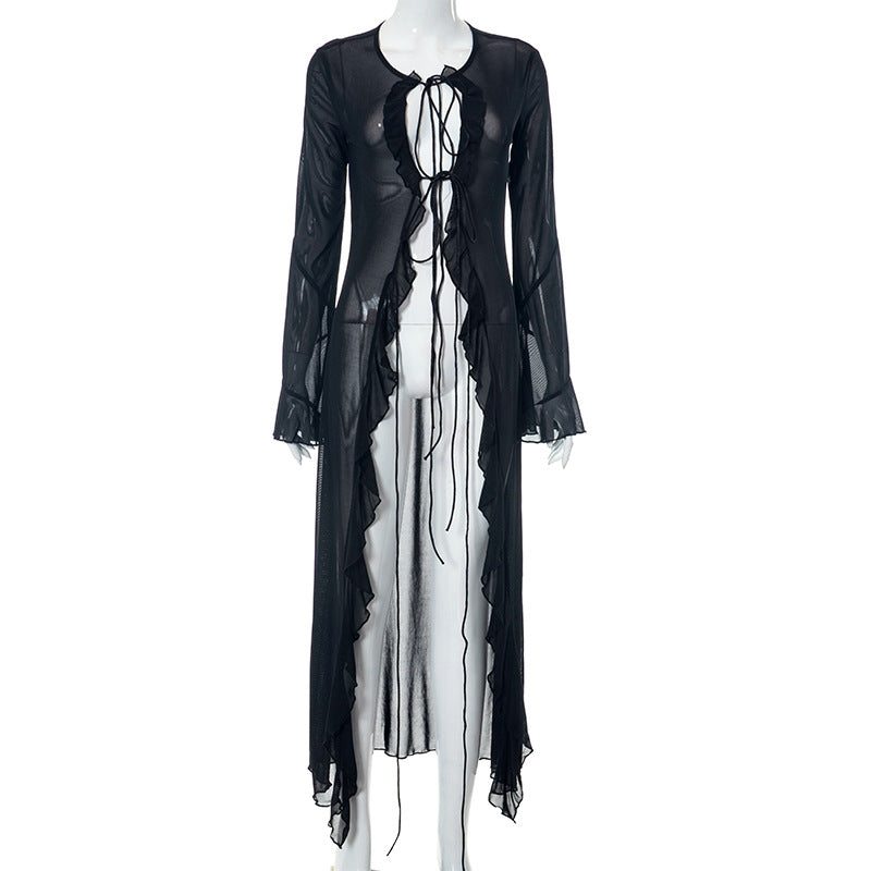 Sheer Tie Front Ruffle Bell Sleeve Mesh Cardigan Bralette Chain Belt Mini Skirt Set 4