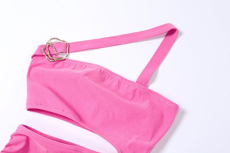 One Shoulder Ring Detail Ruched Crop Top Mini Skirt Set 5