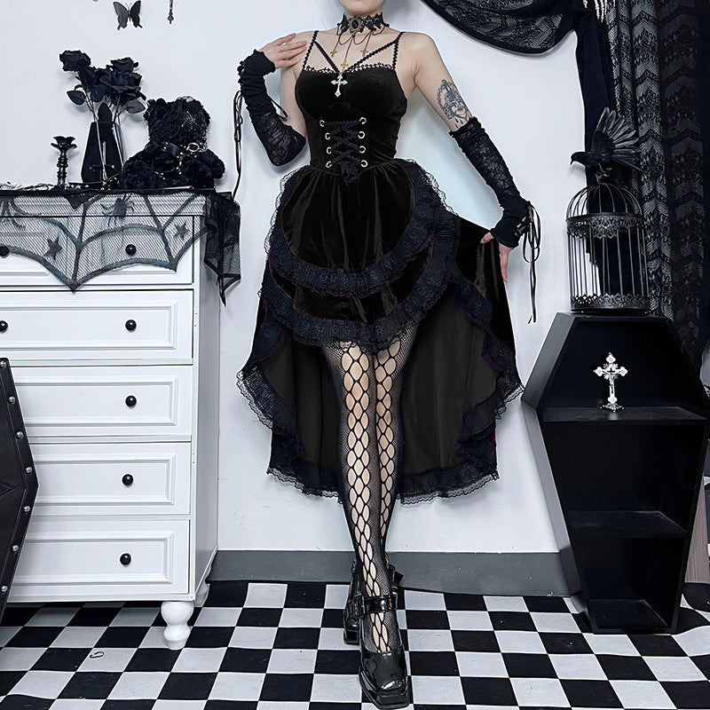Lace Up Corset Cross Strap Velvet Lace Trim Hi-Lo Ruffle Dress 6