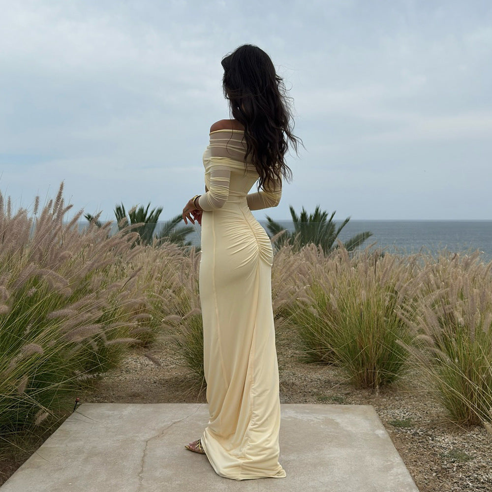 Off Shoulder Mesh Sleeve Diamond Cutout Ruched Column Maxi Gown 7
