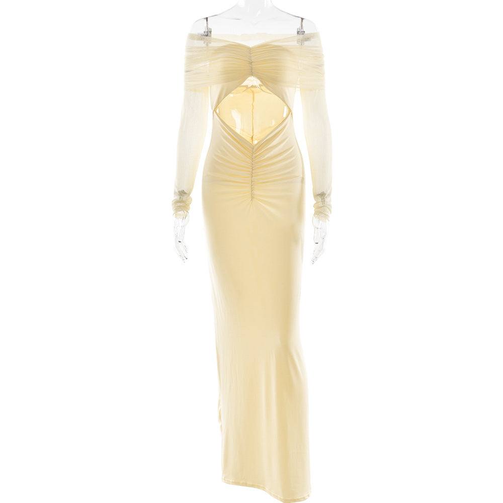 Off Shoulder Mesh Sleeve Diamond Cutout Ruched Column Maxi Gown 10