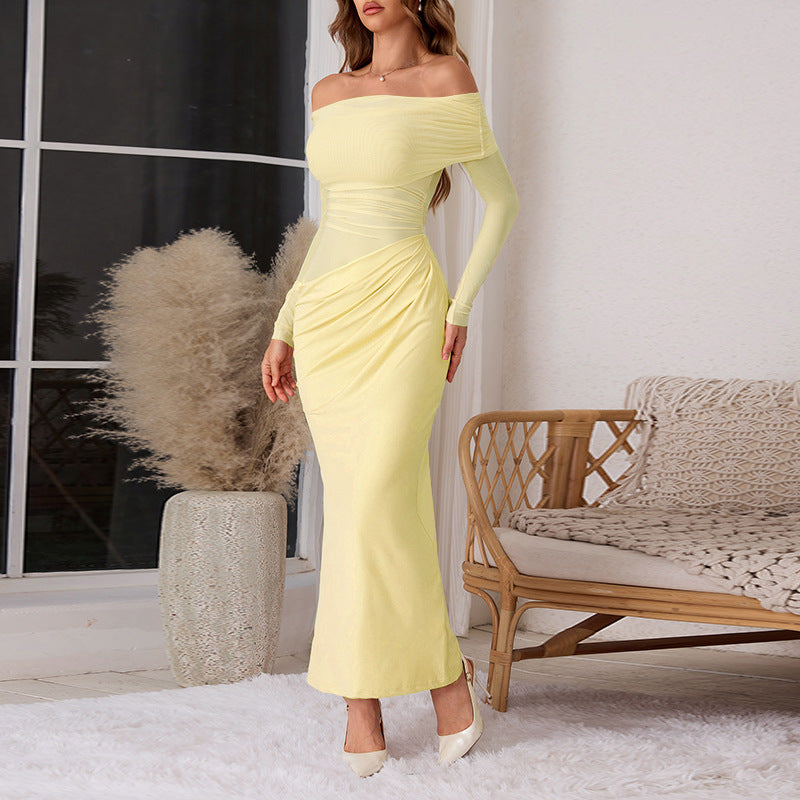 Off Shoulder Mesh Long Sleeve Ruched Waist Asymmetric Drape Maxi Dress 2