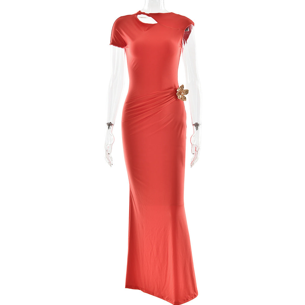 One Shoulder Cap Sleeve Cutout Ruched Maxi Dress with Buckle 5