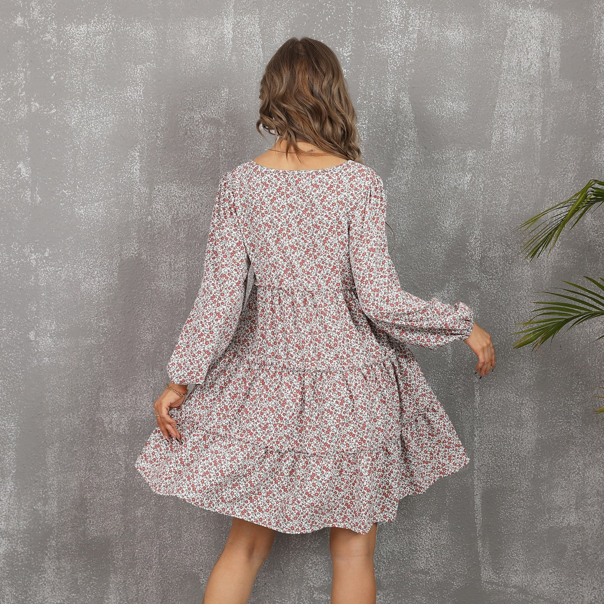 Round Neck Long Sleeve Ditsy Floral Tiered Babydoll Mini Dress 5