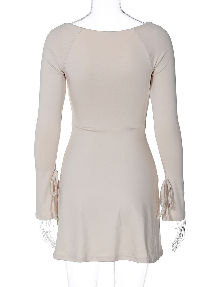 Square Neck Long Sleeve Tie Cuff Slit Knit Mini Dress 6