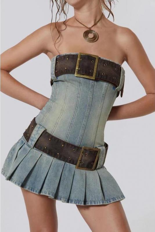 Strapless Double Buckle Belt Pleated Denim Corset Mini Dress