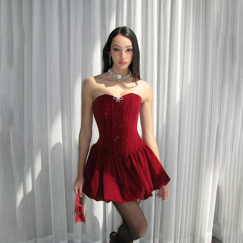 Velvet Glitter Strapless Corset Bubble Hem Mini Mini Dress