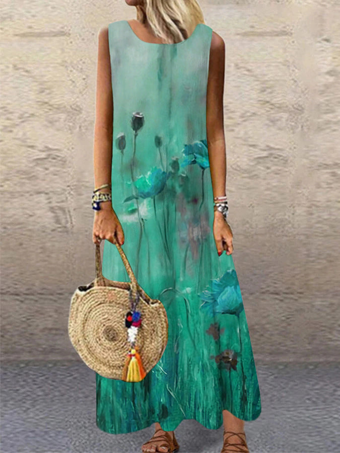 Crew Neck Geometric Line Print Sleeveless Maxi Dress 3