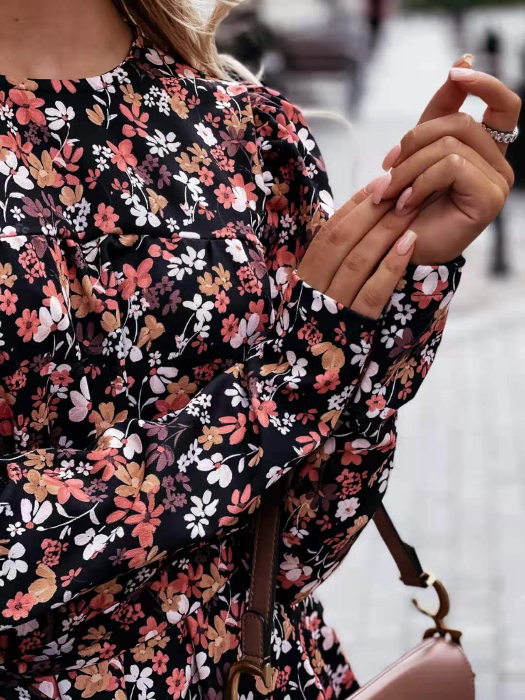 Crew Neck Long Puff Sleeve Ditsy Floral Tie Waist Ruffle Hem Mini Dress 4