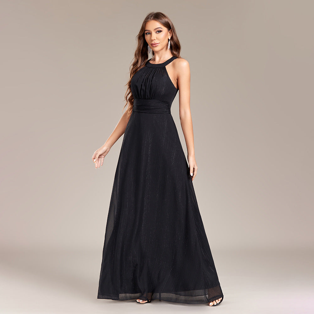 Halter Neck Pleated Bodice High Waist A-Line Floor Length Gown 4
