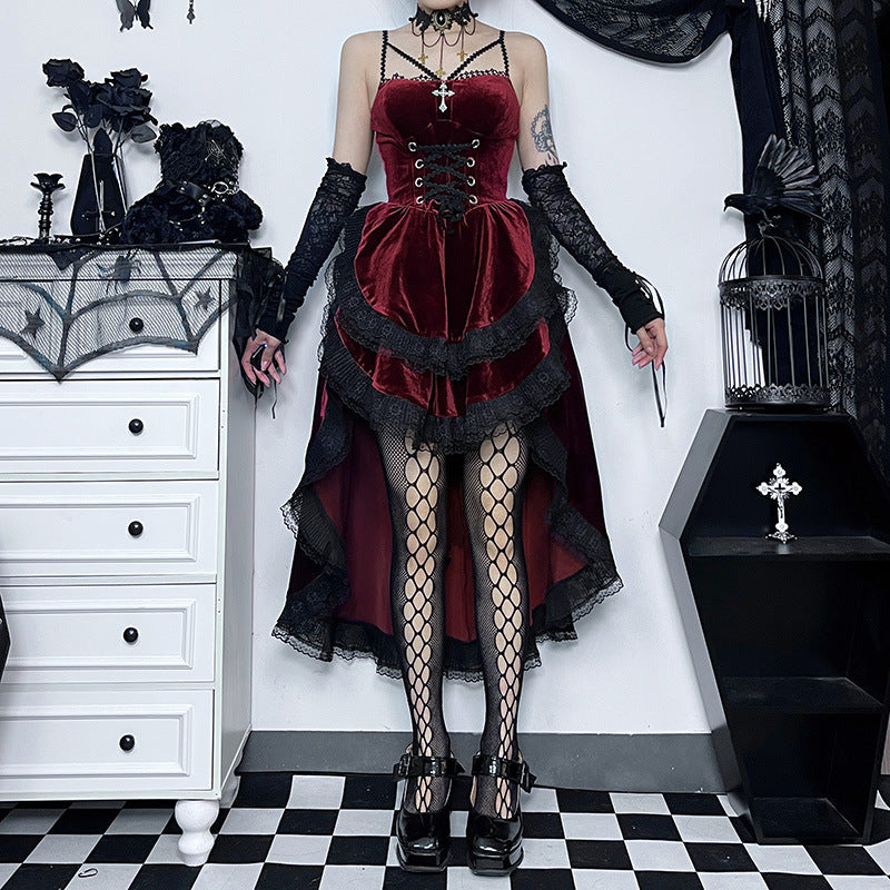 Lace Up Corset Cross Strap Velvet Lace Trim Hi-Lo Ruffle Dress