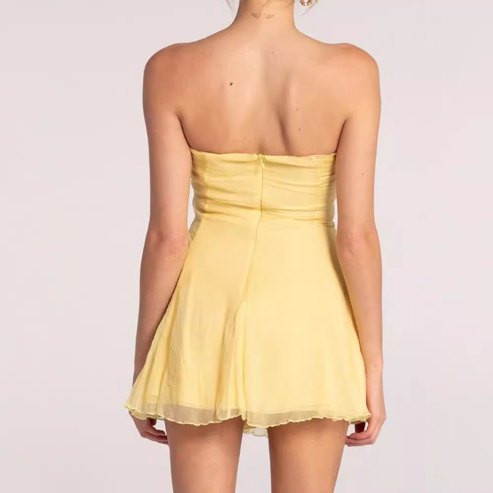 Ruched Strapless Cut Out Flared Mini Dress