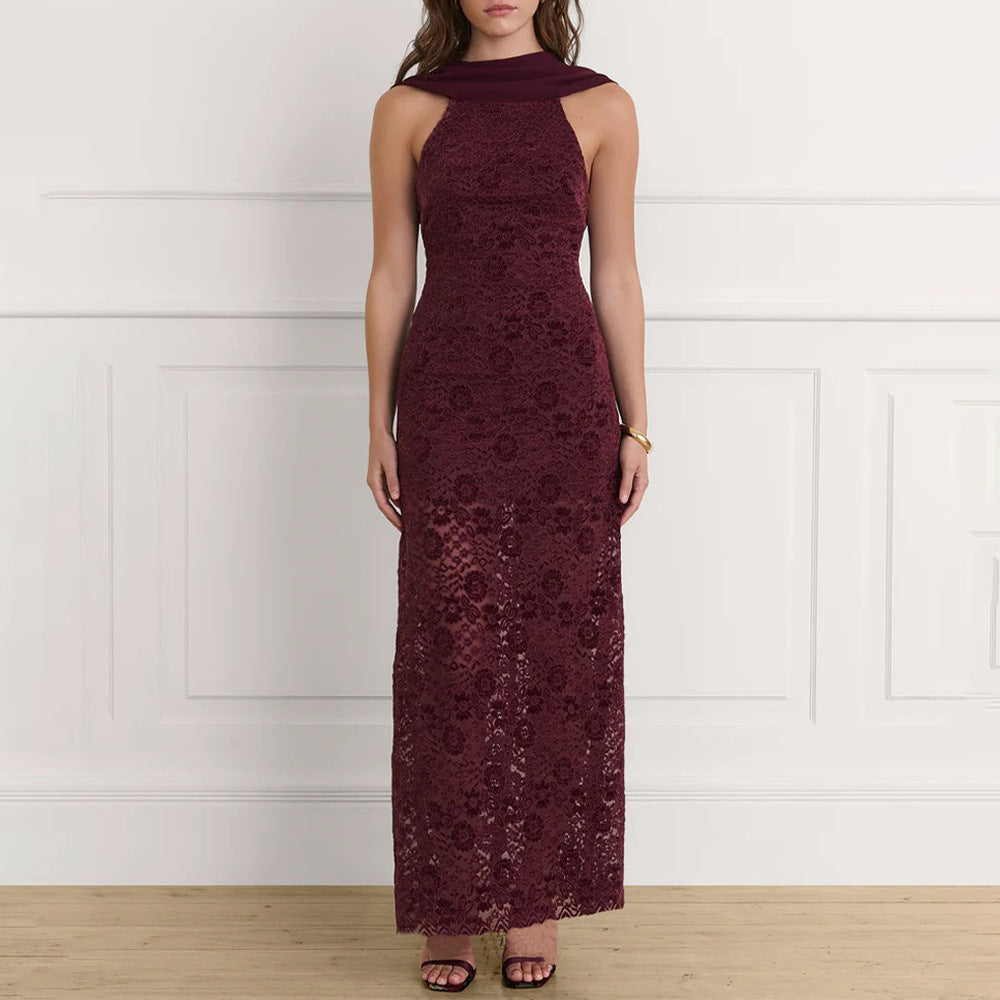 Halter Scarf Neck Floral Lace Sheer Skirt Column Maxi Gown