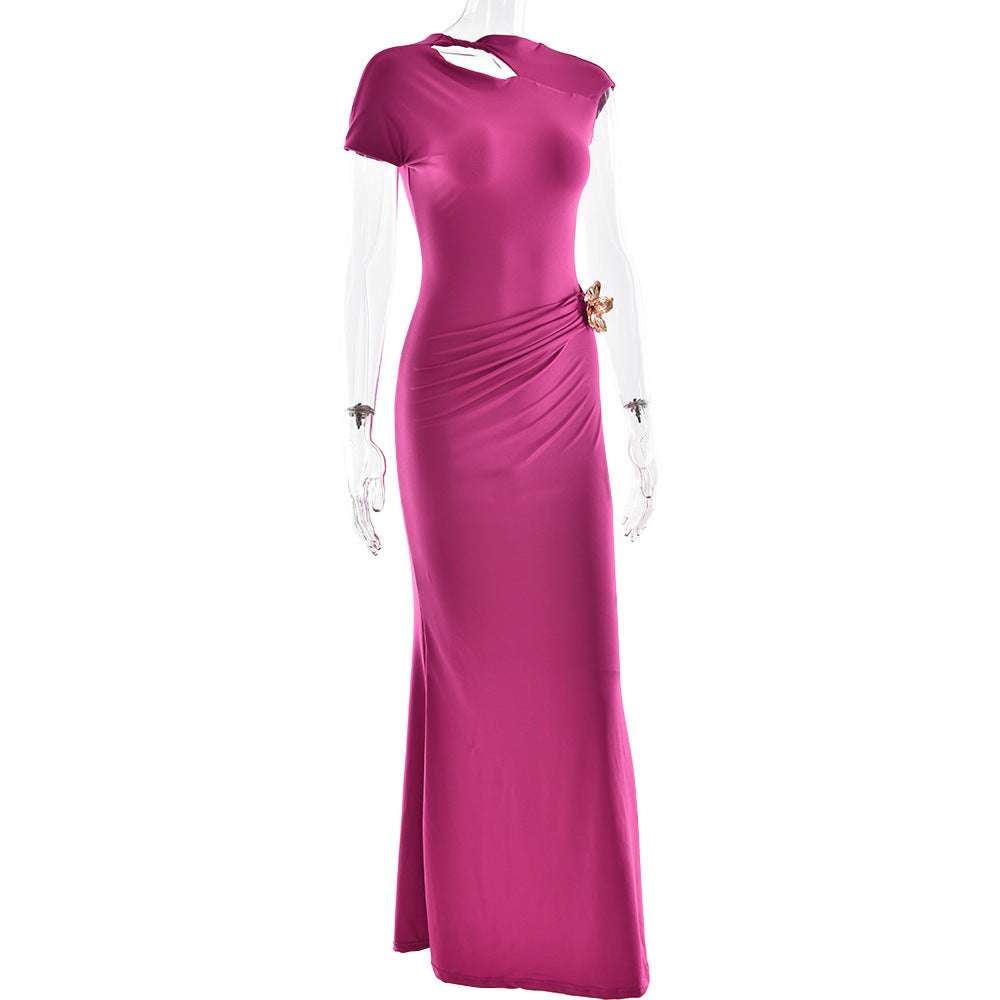 One Shoulder Cap Sleeve Cutout Ruched Maxi Dress with Buckle 6