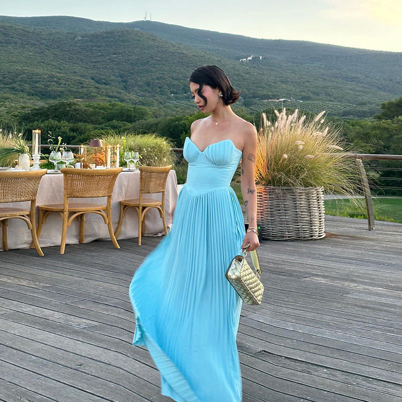 Strapless Corset Sweetheart Pleated A-Line Floor Length Maxi Dress 3