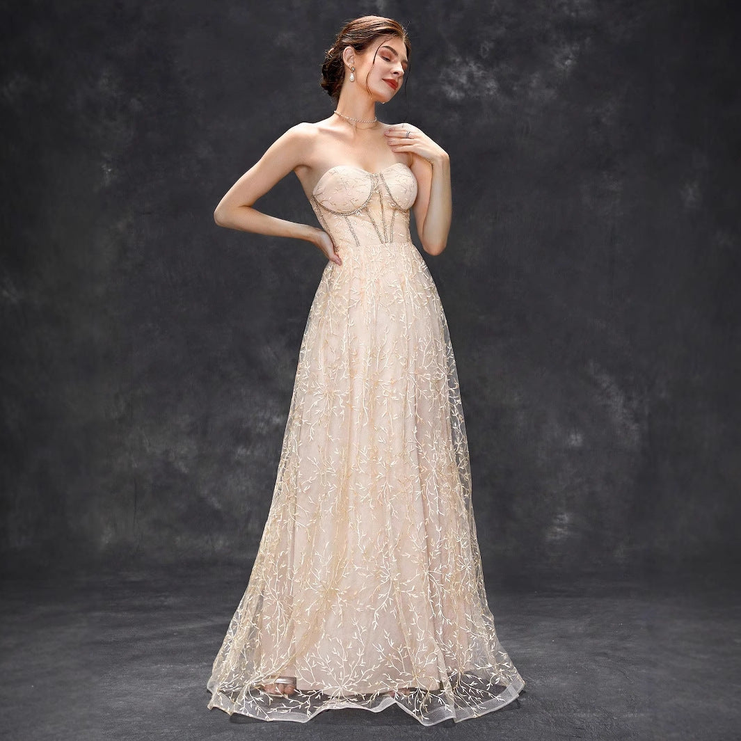 Strapless Sweetheart Vine Embroidered Tulle A-Line Maxi Gown