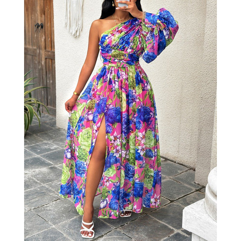 Floral Print One-Shoulder Lantern Sleeve Belted High Slit Maxi Dress 3