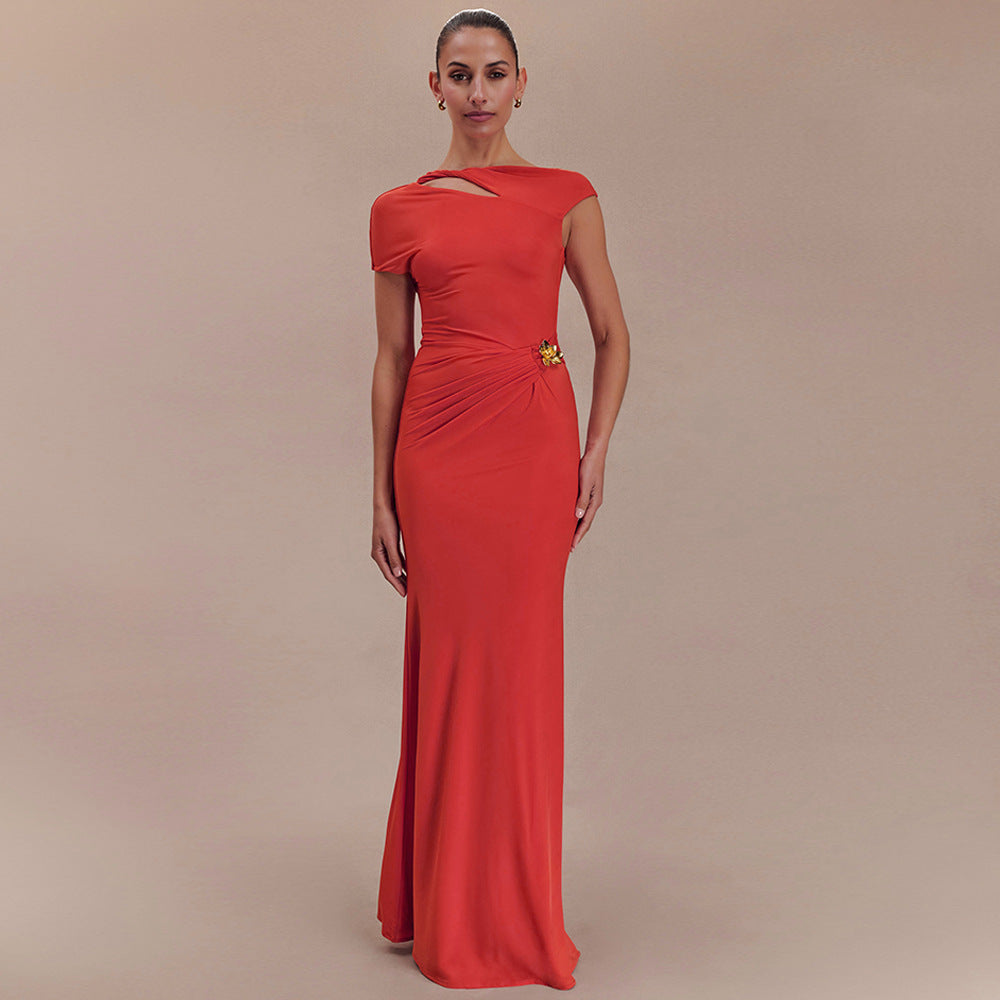 One Shoulder Cap Sleeve Cutout Ruched Maxi Dress with Buckle 2