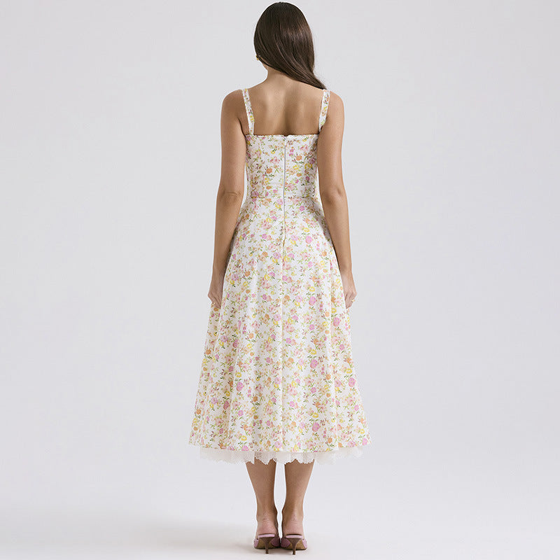 Floral Bustier Lace-Up Cami Strap Flared Midi Dress 8