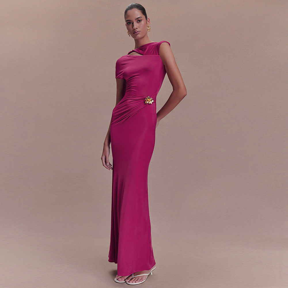 One Shoulder Cap Sleeve Cutout Ruched Maxi Dress with Buckle 3