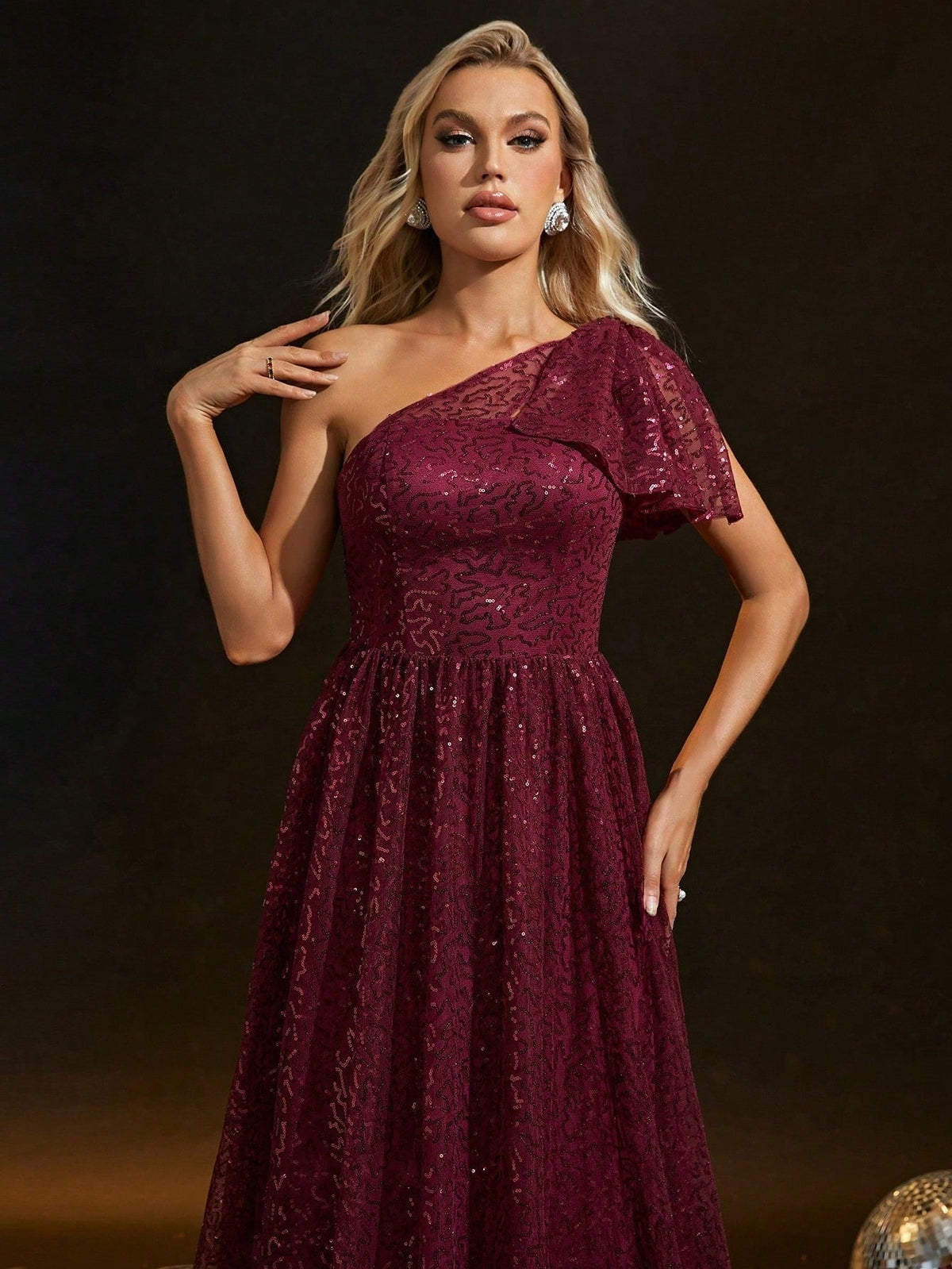 One-Shoulder Ruffle Bow Sequin Lace Maxi Gown 2