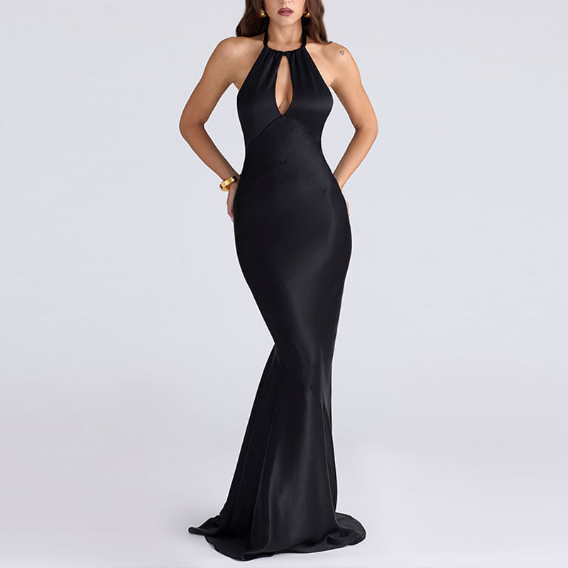 Halter Keyhole Cutout Chevron Seam Satin Mermaid Maxi Gown