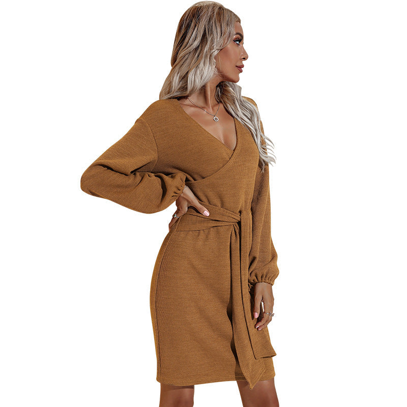 V Neck Wrap Front Lantern Sleeve Knit Mini Dress With Self Tie Belt 5