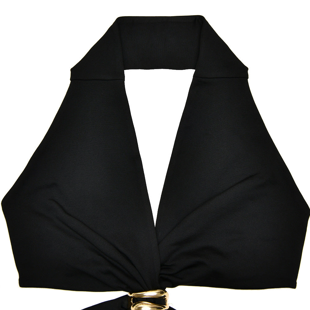 Halter Plunging V-Neck Side Waist Cutout Ring Detail Bodycon Maxi Dress 8