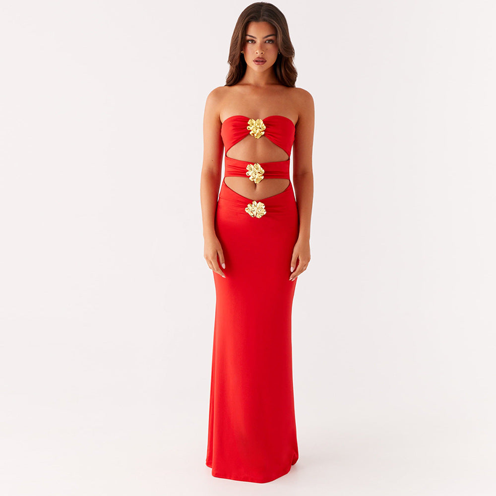 Strapless Floral Hardware Midriff Cutout Column Maxi Gown