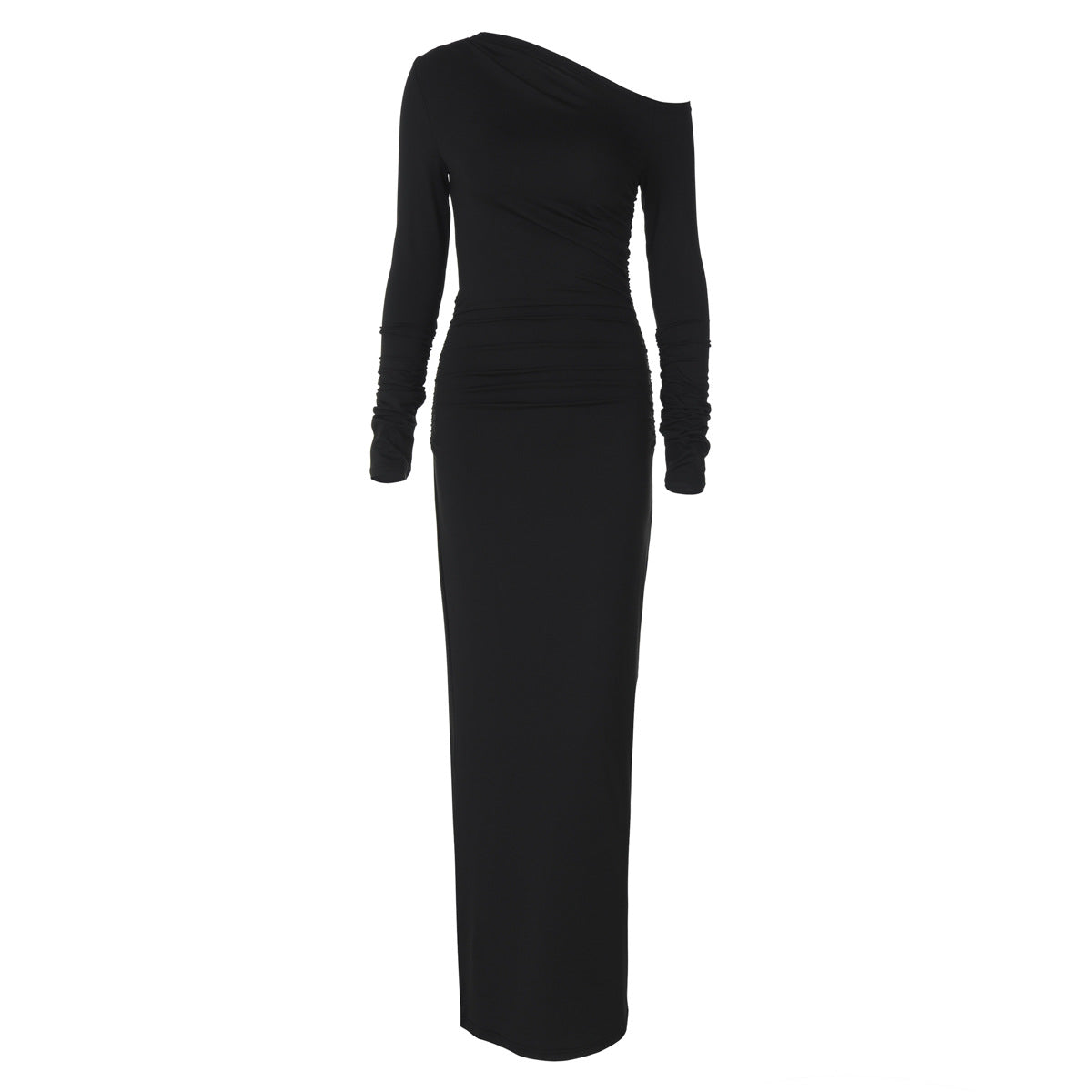 Asymmetric Off Shoulder Ruched Gathered Long Sleeve Bodycon Maxi Dress 5