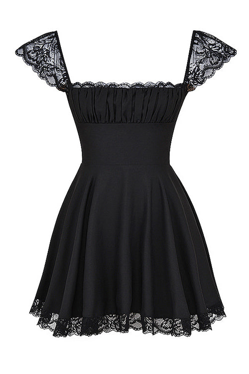 Square Neck Ruched Bust Lace Cap Sleeve High Waist Lace Hem Fit and Flare Mini Dress 8