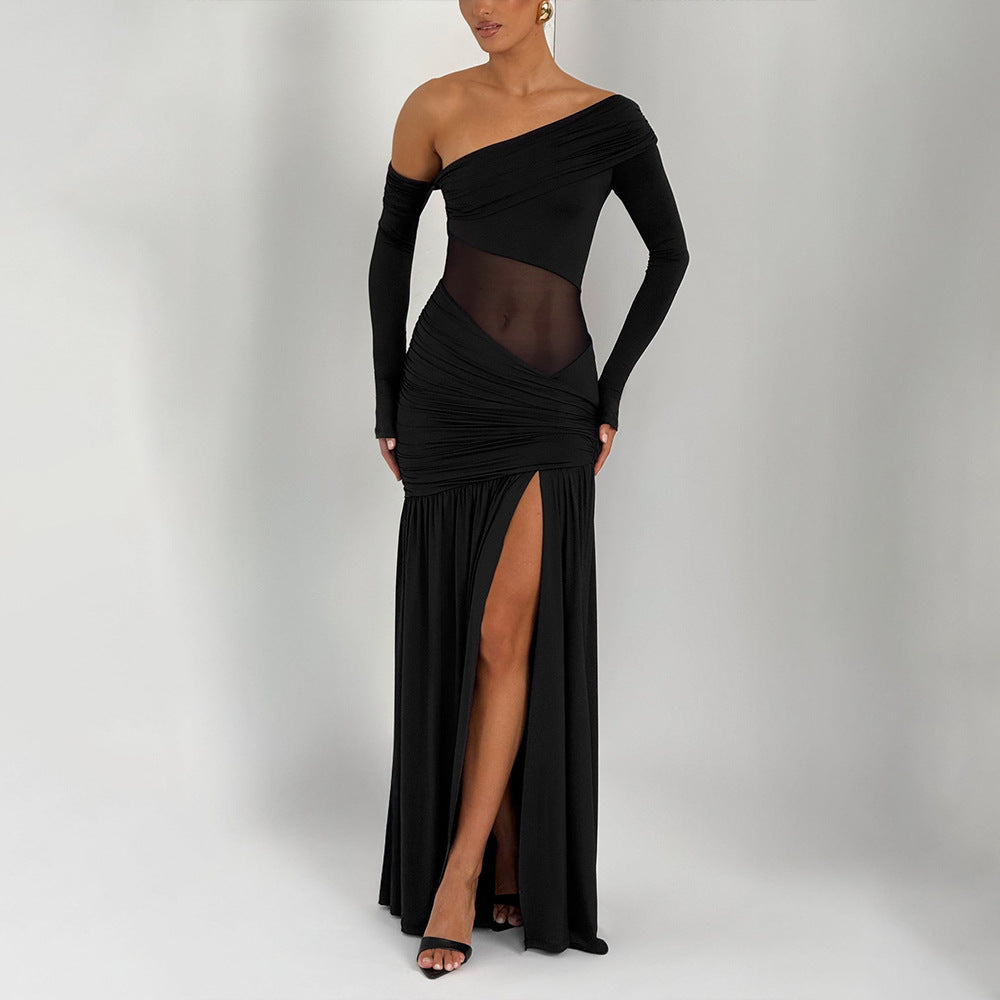 One Shoulder Asymmetric Ruching Mesh Midriff High Slit Maxi Gown 4