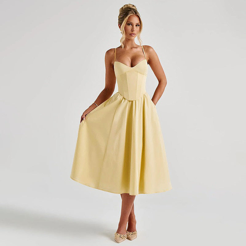 Sweetheart Spaghetti Strap Corset Bodice Pleated Pocket Midi Dress 5