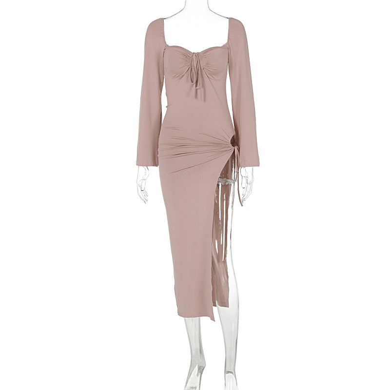 Sweetheart Keyhole Tie Long Sleeve Hip Cutout Slit Maxi Dress 6