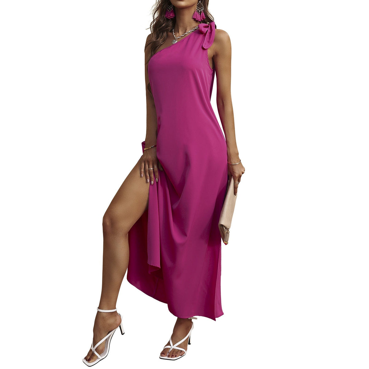 One Shoulder Bow Tie Side Slit Maxi Dress 4