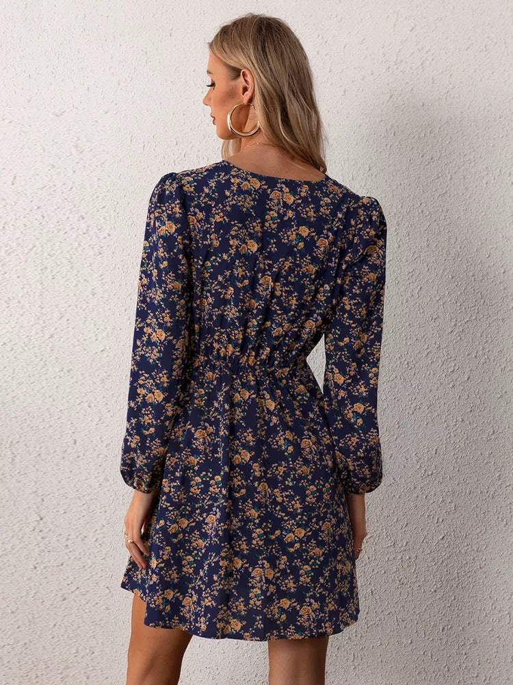 Wrap V-Neck Balloon Sleeve Elastic Waist Floral A-Line Mini Dress 4